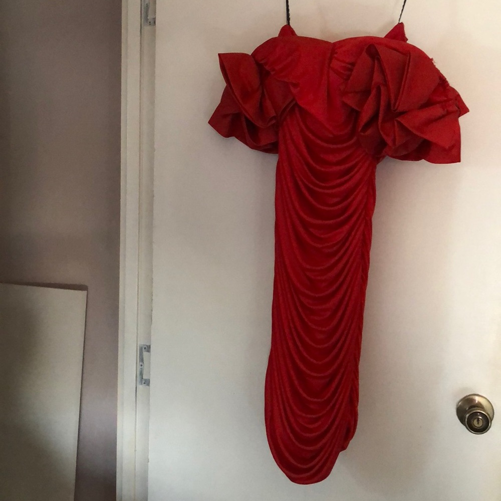 Gently used red satin evening dress
